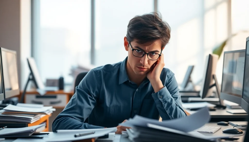 Visual representation of brain fog illustrating confusion while working at a desk.