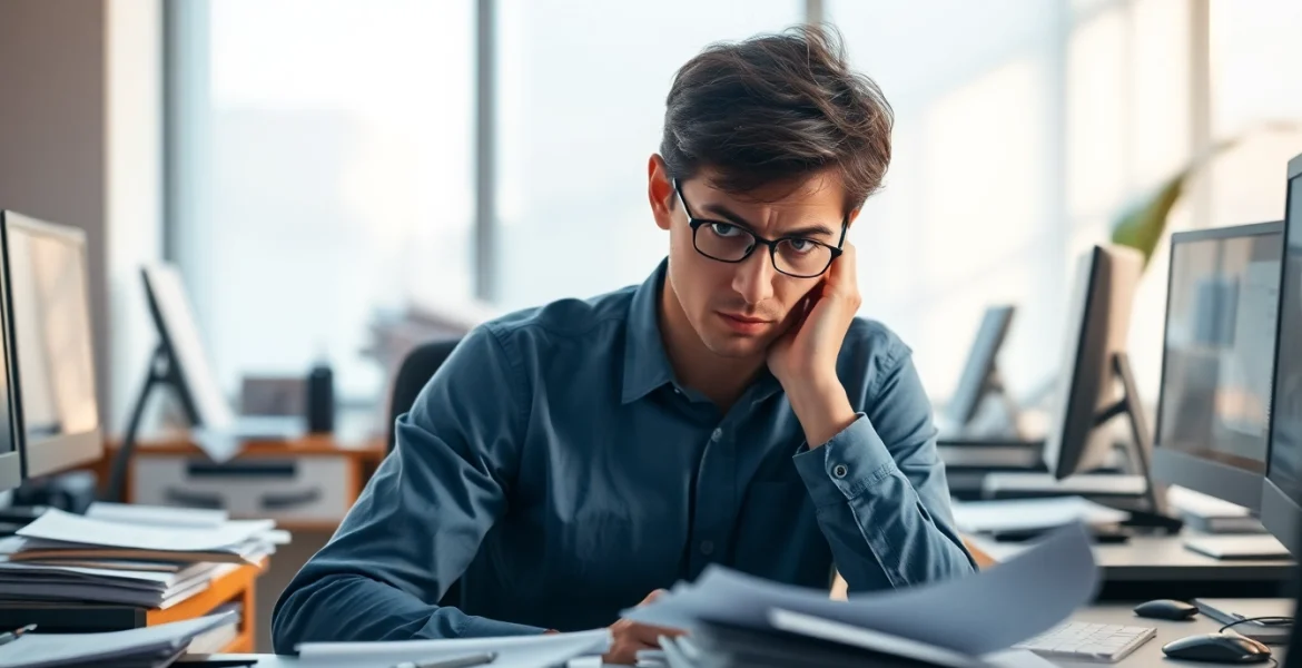 Visual representation of brain fog illustrating confusion while working at a desk.