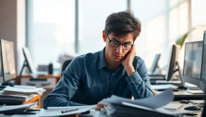 Visual representation of brain fog illustrating confusion while working at a desk.