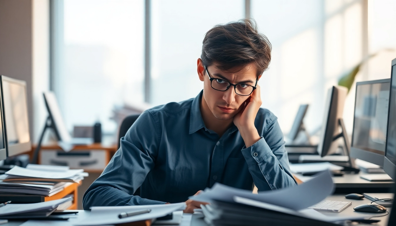Visual representation of brain fog illustrating confusion while working at a desk.