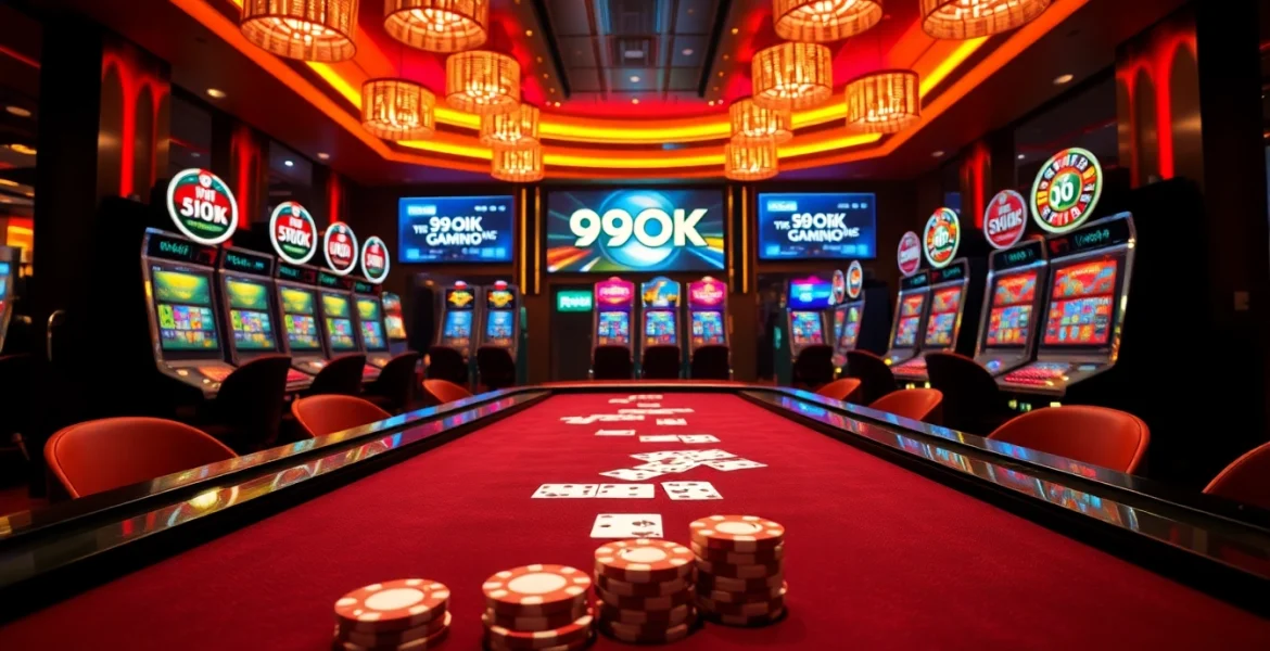 Engaging players at 99OK casino with vibrant slot machines and poker tables in a luxury setting.