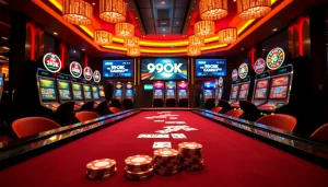 Engaging players at 99OK casino with vibrant slot machines and poker tables in a luxury setting.