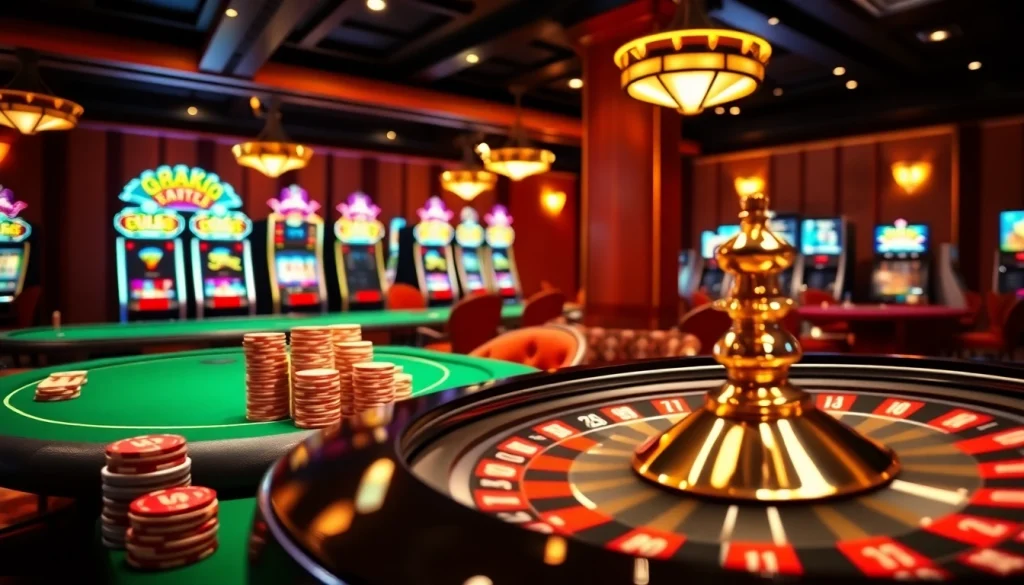 Experience the thrill of gambling with 상품권신용카드 at a luxurious casino scene featuring vibrant poker tables.
