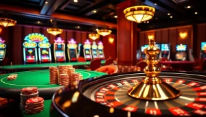 Experience the thrill of gambling with 상품권신용카드 at a luxurious casino scene featuring vibrant poker tables.