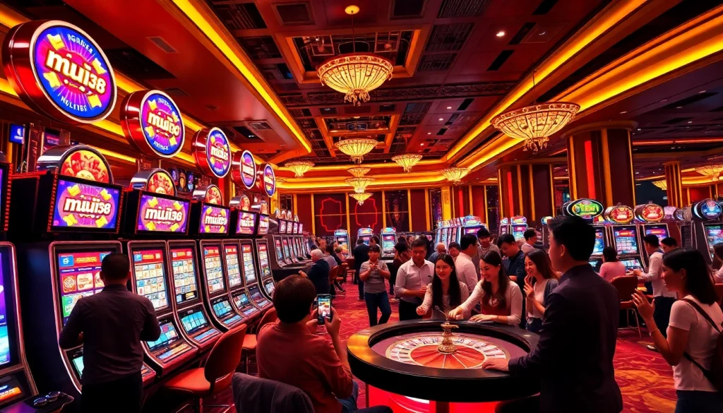 Players enjoying slots at muji138 casino, celebrating their wins with vibrant visuals and chips.