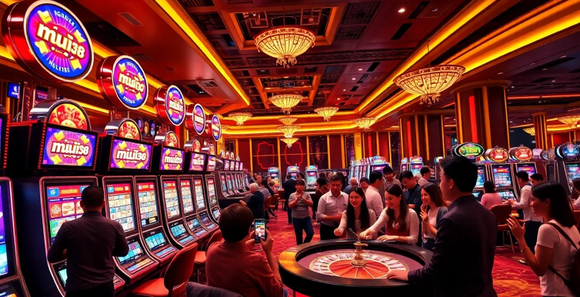 Players enjoying slots at muji138 casino, celebrating their wins with vibrant visuals and chips.