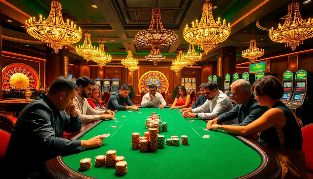 Players engage in a high-stakes poker game at Hay88, surrounded by colorful chips and bright casino lights.