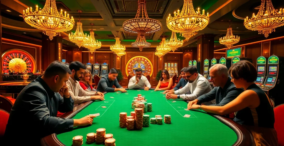 Players engage in a high-stakes poker game at Hay88, surrounded by colorful chips and bright casino lights.