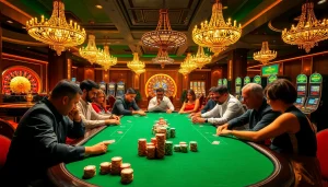 Players engage in a high-stakes poker game at Hay88, surrounded by colorful chips and bright casino lights.