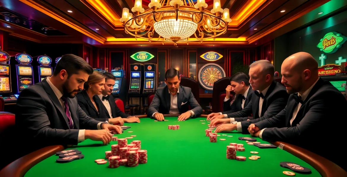 Immersive scene of intense poker play at https://www.6rwin55.com/ with colorful chips and casino ambience.