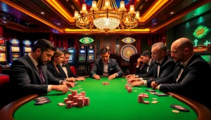 Immersive scene of intense poker play at https://www.6rwin55.com/ with colorful chips and casino ambience.