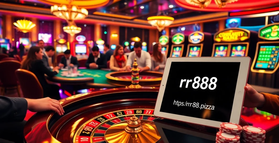 A vibrant casino setting with enthusiastic players at a roulette table featuring the URL https://rr88.pizza/ displayed on a tablet, signifying thrilling online gambling.