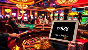 A vibrant casino setting with enthusiastic players at a roulette table featuring the URL https://rr88.pizza/ displayed on a tablet, signifying thrilling online gambling.