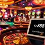 A vibrant casino setting with enthusiastic players at a roulette table featuring the URL https://rr88.pizza/ displayed on a tablet, signifying thrilling online gambling.