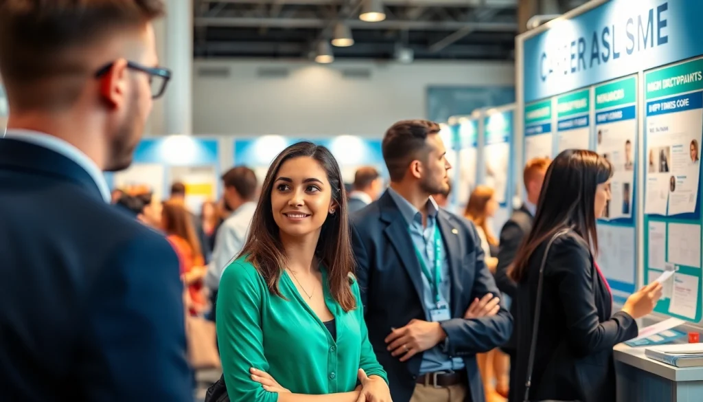 Engaging scene of job help at a career fair with diverse individuals networking.