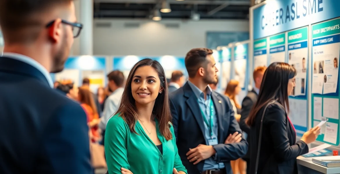 Engaging scene of job help at a career fair with diverse individuals networking.