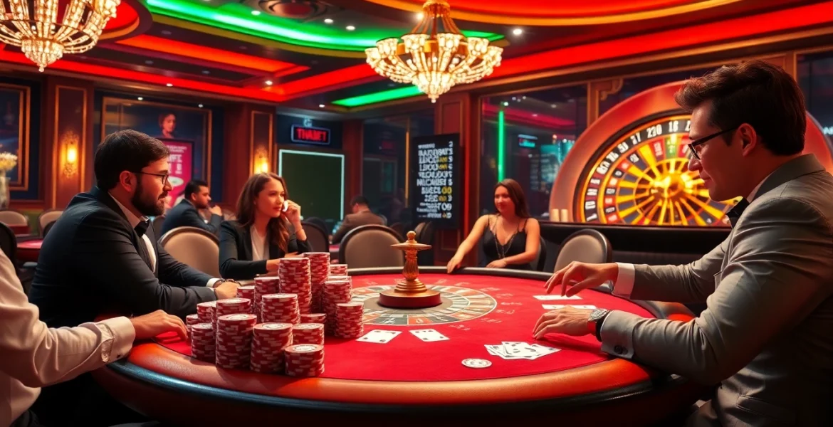 Exciting poker table scene at THABET casino featuring vibrant chips and engaging players.