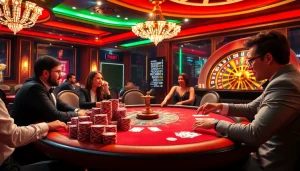 Exciting poker table scene at THABET casino featuring vibrant chips and engaging players.