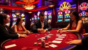 Experience the thrilling atmosphere of Jun88 online casino with vibrant gaming tables and exciting slot machines.