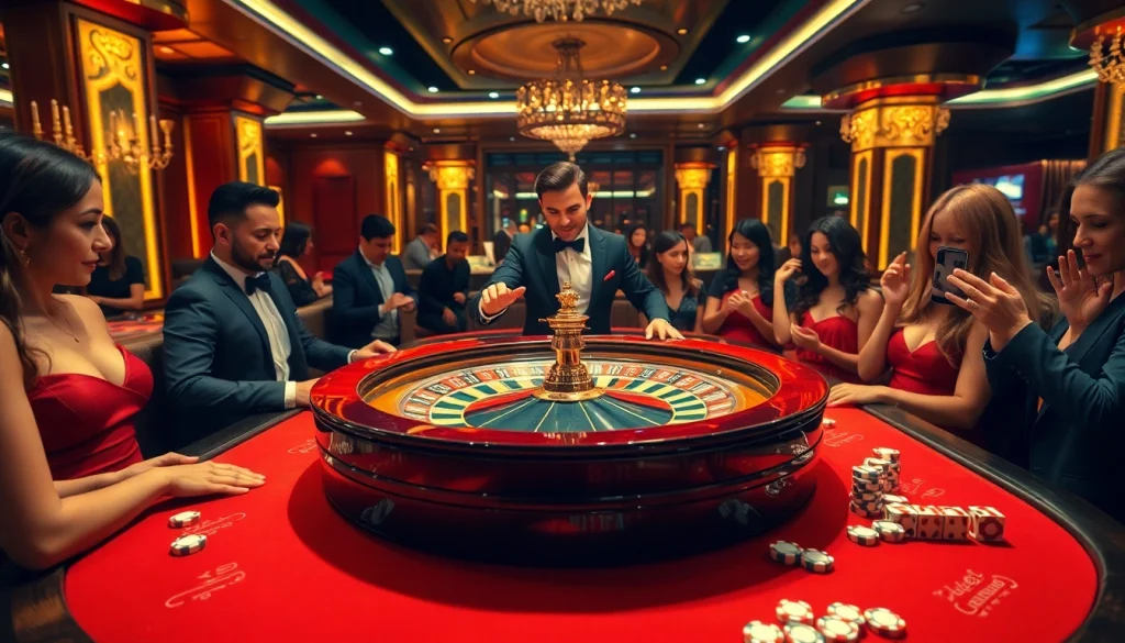 Experience thrilling gaming action at https://789betg.com/ with an elegant roulette table in a luxury casino.