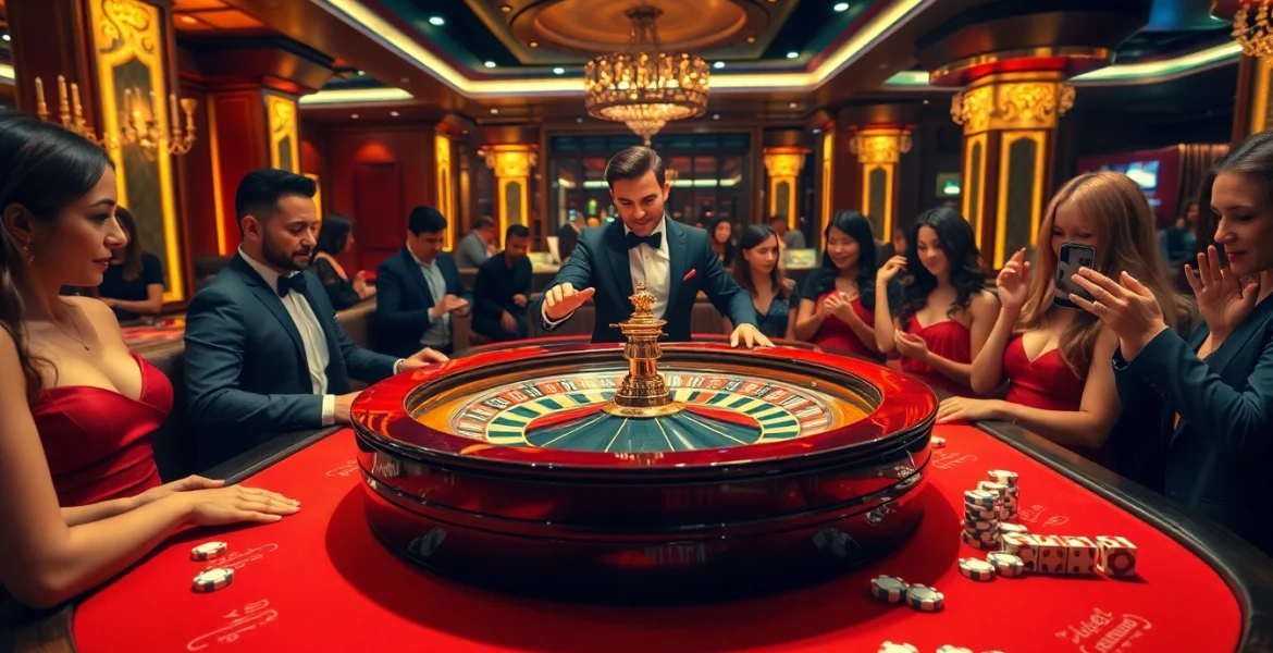 Experience thrilling gaming action at https://789betg.com/ with an elegant roulette table in a luxury casino.