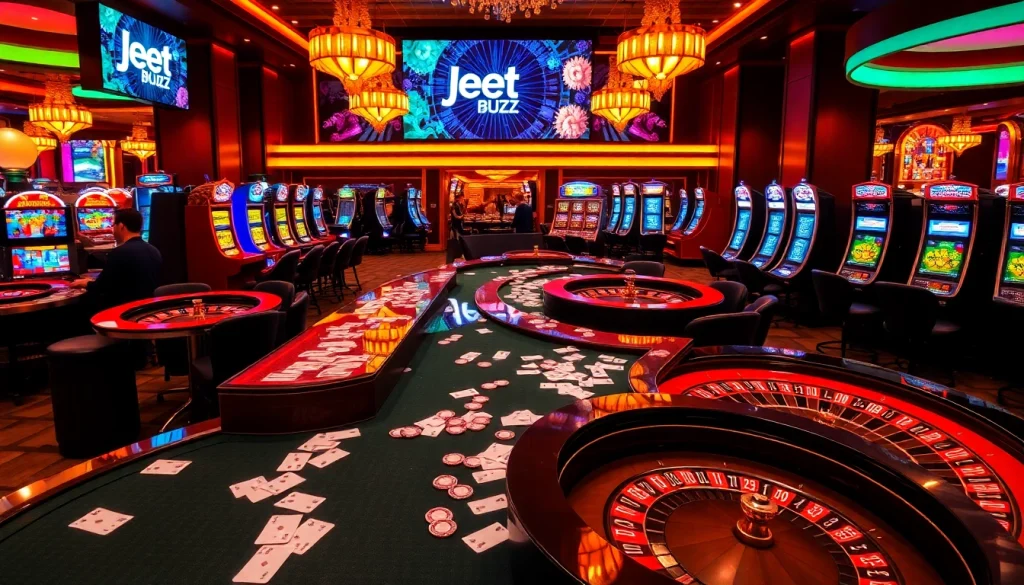 Experience thrilling gameplay at Jeet Buzz's exciting casino with vibrant tables and engaging gamblers.