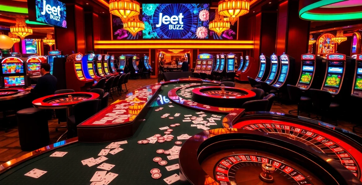 Experience thrilling gameplay at Jeet Buzz's exciting casino with vibrant tables and engaging gamblers.