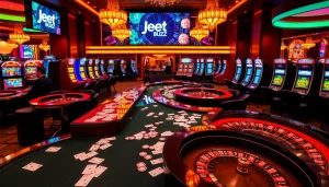 Experience thrilling gameplay at Jeet Buzz's exciting casino with vibrant tables and engaging gamblers.