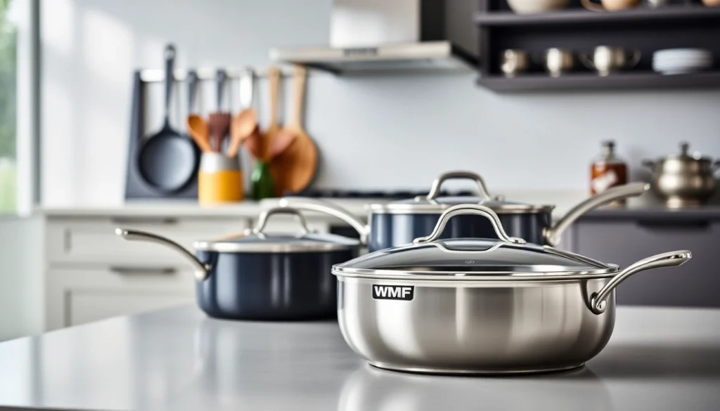 Showcase of WMF cookware NZ in a modern kitchen setting highlighting quality and elegance.