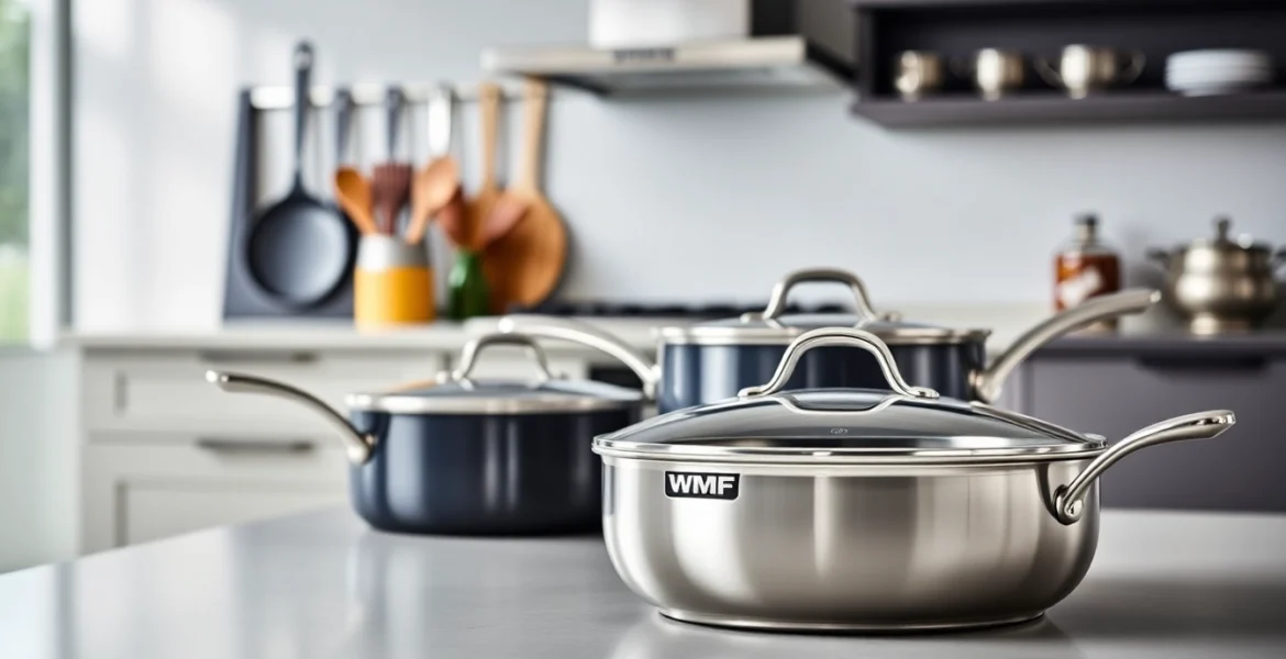 Showcase of WMF cookware NZ in a modern kitchen setting highlighting quality and elegance.