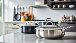 Showcase of WMF cookware NZ in a modern kitchen setting highlighting quality and elegance.