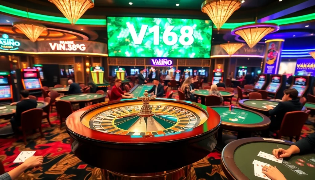 Experience the excitement at VN168 casino with vibrant poker tables and roulette wheels.