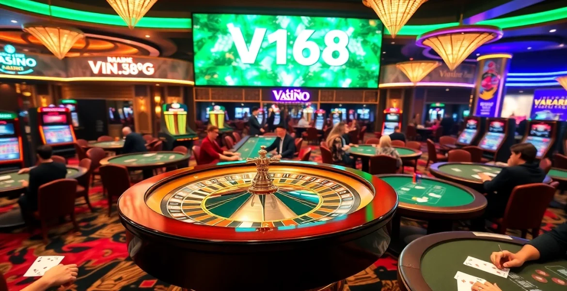 Experience the excitement at VN168 casino with vibrant poker tables and roulette wheels.