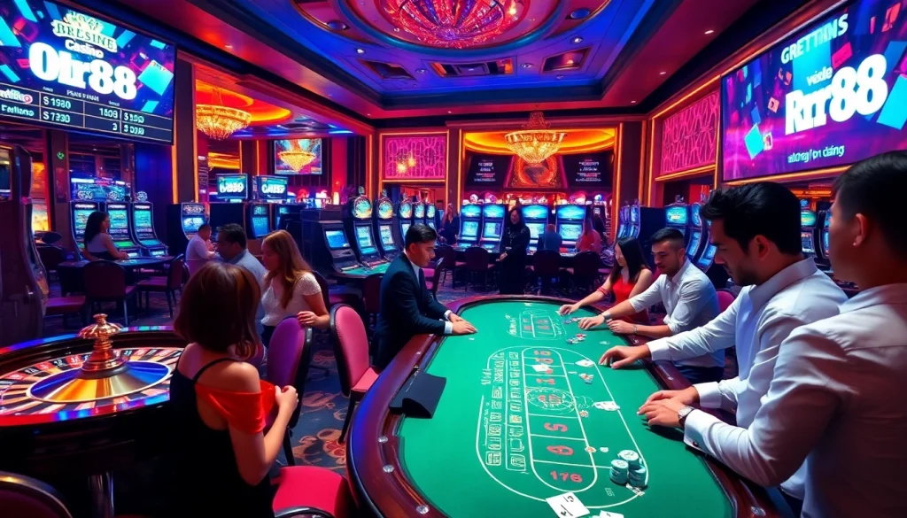 Experience thrilling gameplay at rr88, showcasing vibrant tables and exciting betting options in a luxurious casino.