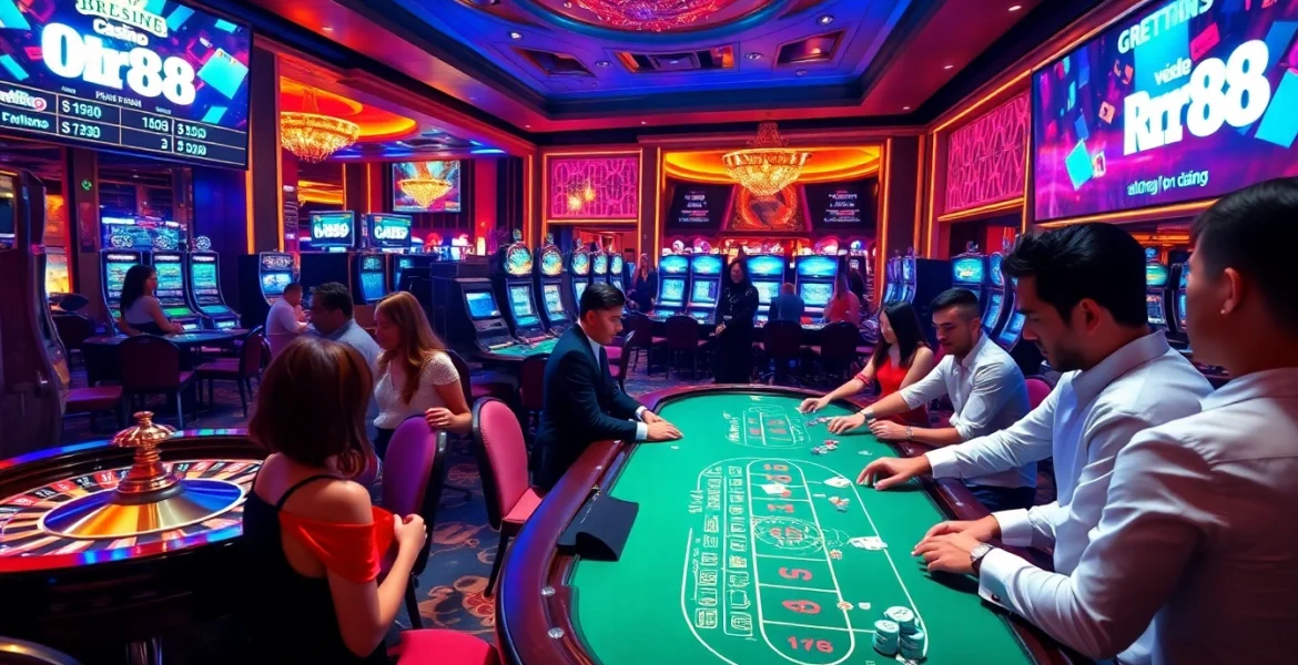 Experience thrilling gameplay at rr88, showcasing vibrant tables and exciting betting options in a luxurious casino.