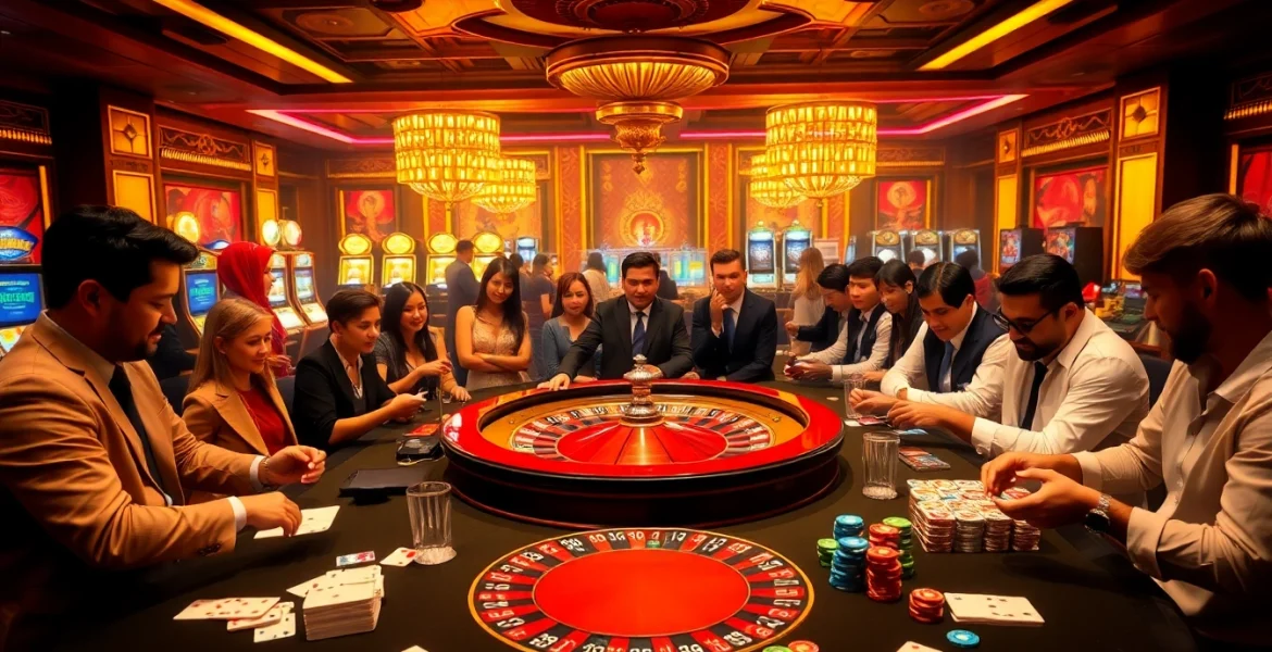 Experience electrifying gaming action at https://shbet.id/ with vibrant casino visuals showcasing roulette, cards, and dice.