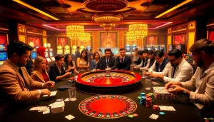 Experience electrifying gaming action at https://shbet.id/ with vibrant casino visuals showcasing roulette, cards, and dice.