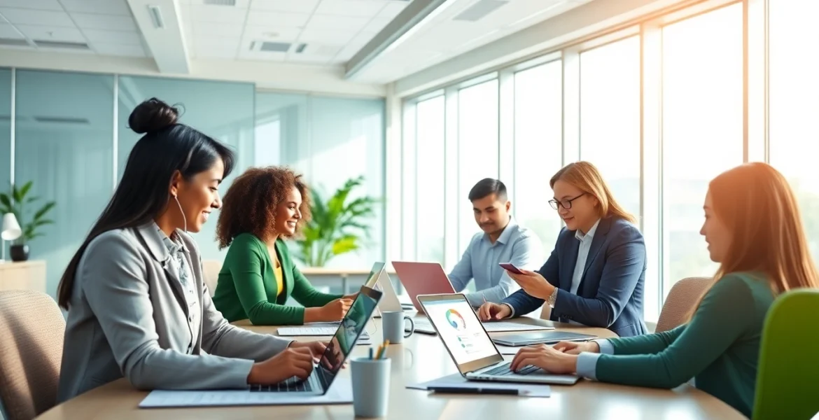 WPS官网下载 showcases a diverse team collaborating efficiently using WPS Office in a modern office environment.