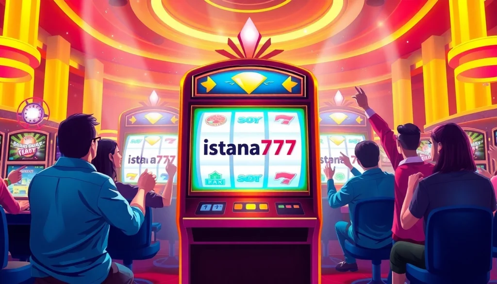 Menggambarkan aksi seru di Istana777 Situs dengan mesin slot yang menonjol dan pemain yang bersorak.