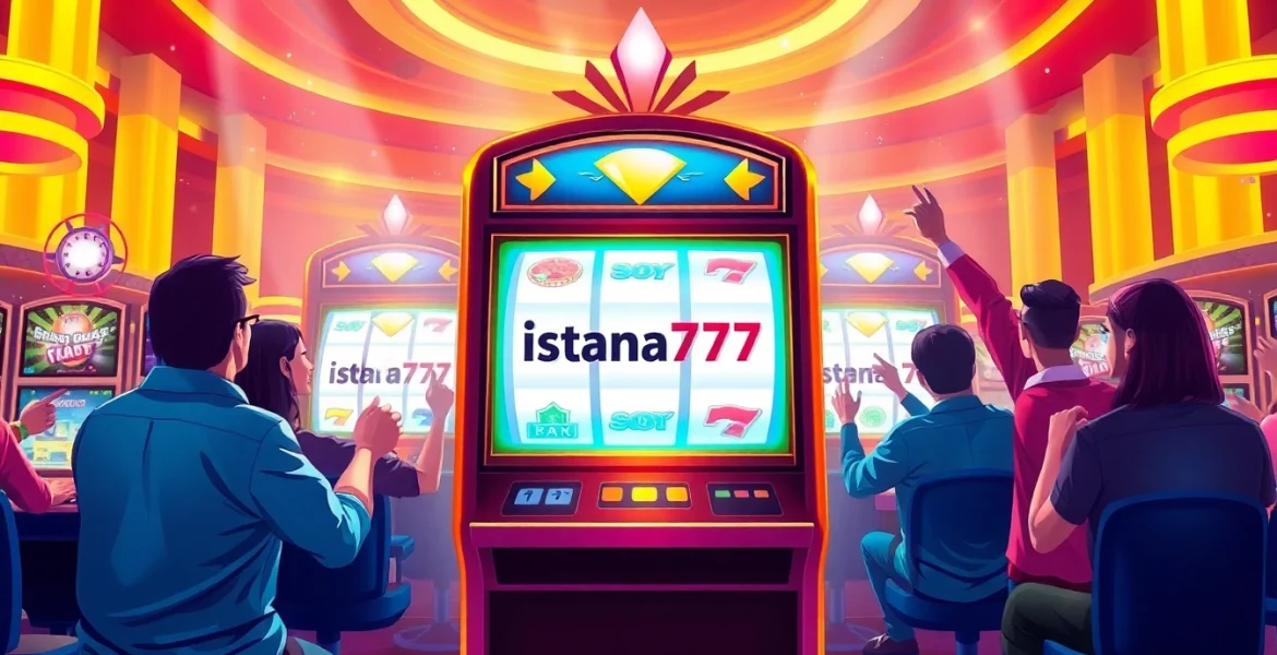 Menggambarkan aksi seru di Istana777 Situs dengan mesin slot yang menonjol dan pemain yang bersorak.