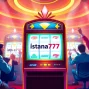 Menggambarkan aksi seru di Istana777 Situs dengan mesin slot yang menonjol dan pemain yang bersorak.