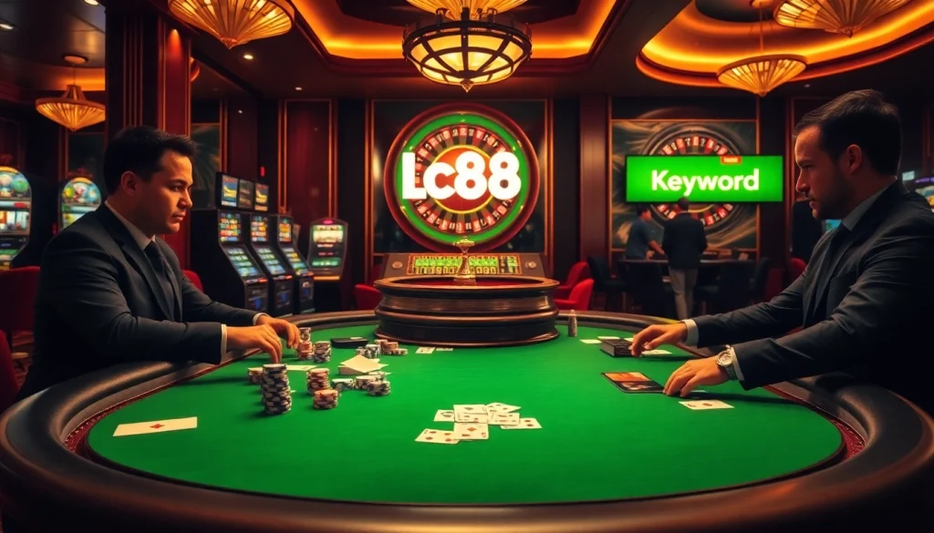 Engaging casino scene with Lc88 highlighted, featuring poker players, roulette wheel, and vibrant slot machines.