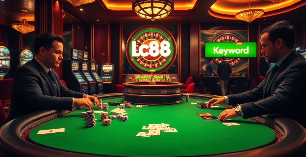 Engaging casino scene with Lc88 highlighted, featuring poker players, roulette wheel, and vibrant slot machines.