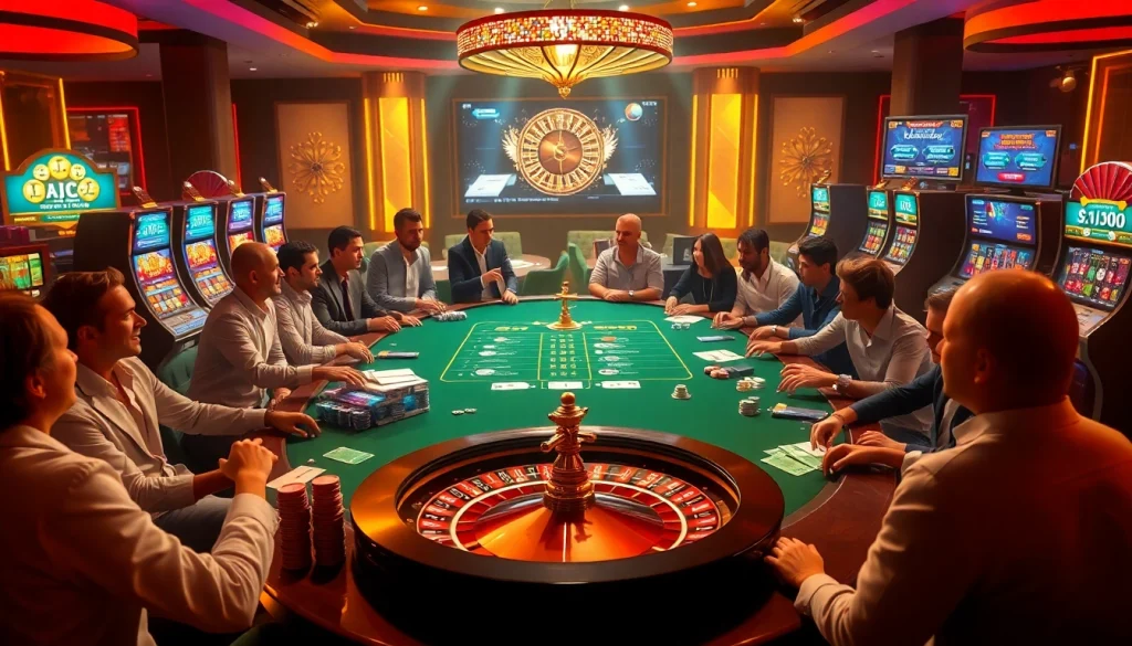 KJC casino gaming with high-stakes poker table and vibrant slot machines in a luxurious setting.