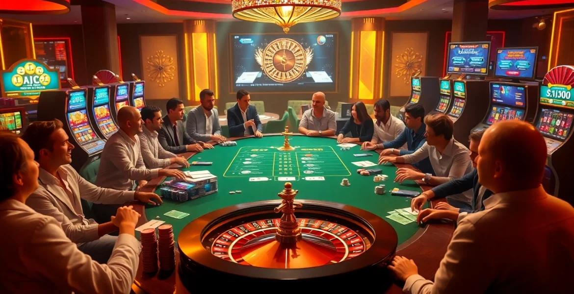 KJC casino gaming with high-stakes poker table and vibrant slot machines in a luxurious setting.