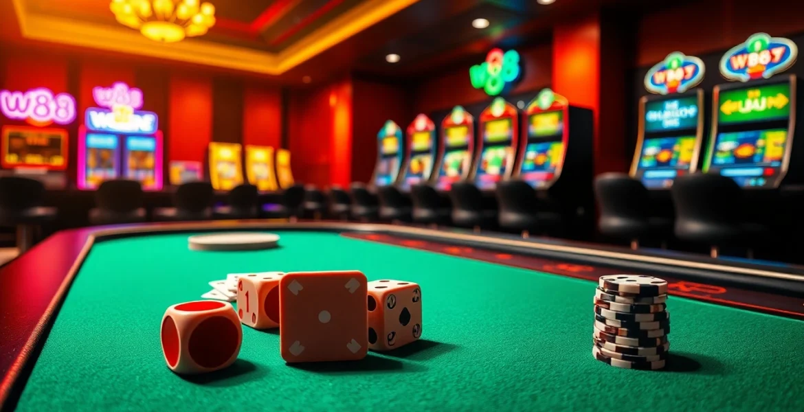 Engage in thrilling gameplay with link to w88 at a luxurious casino featuring poker, dice, and slot machines.