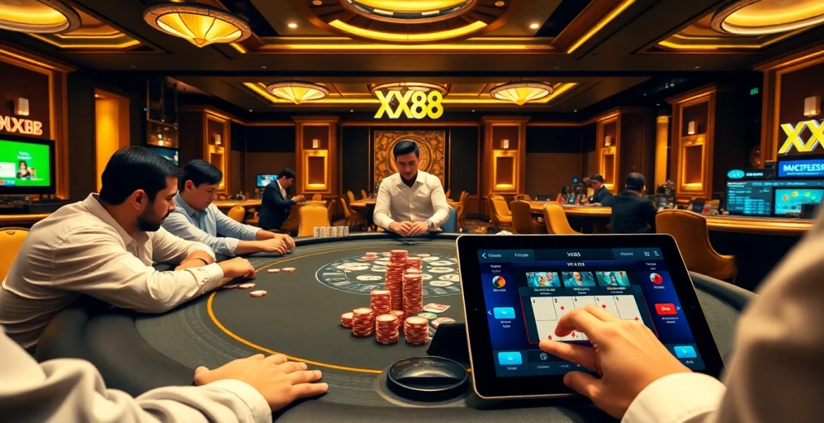 Exciting poker action at xx88 casino with vibrant chips and professional dealer.