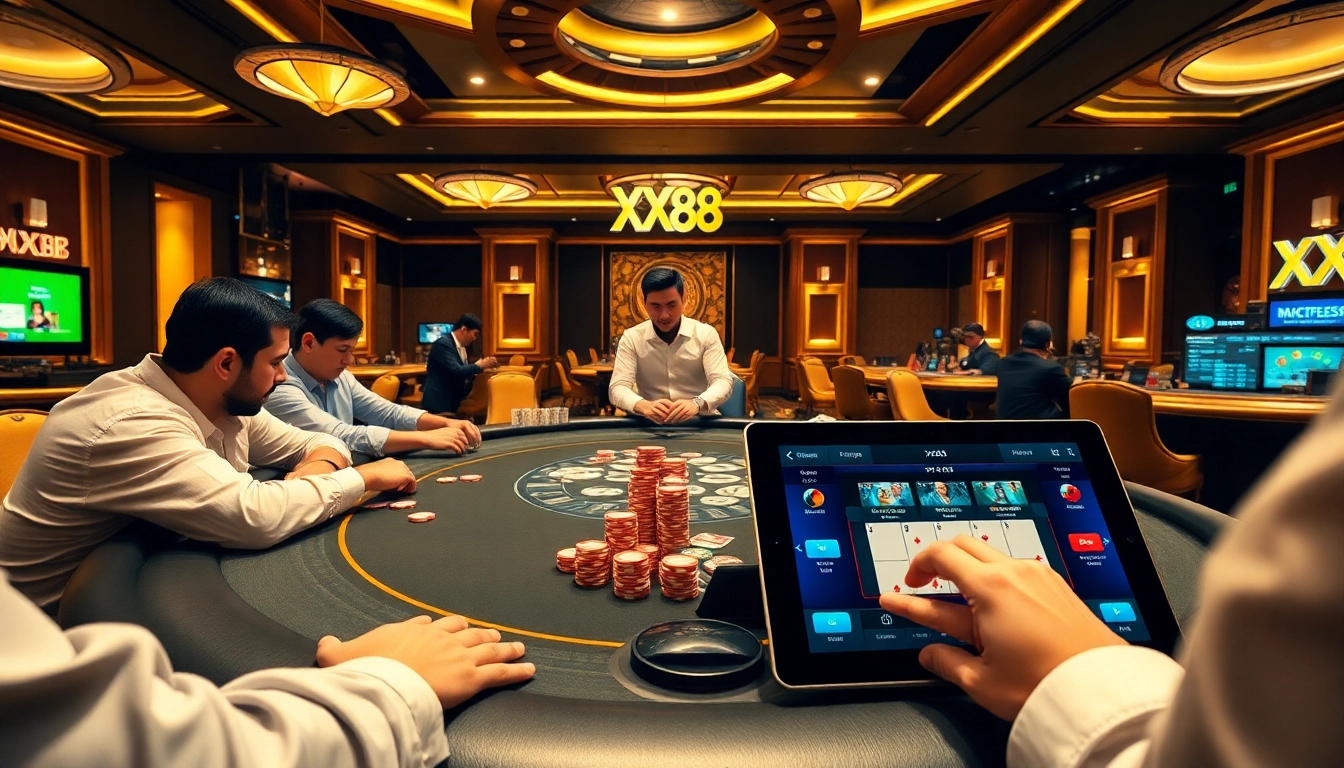 Exciting poker action at xx88 casino with vibrant chips and professional dealer.