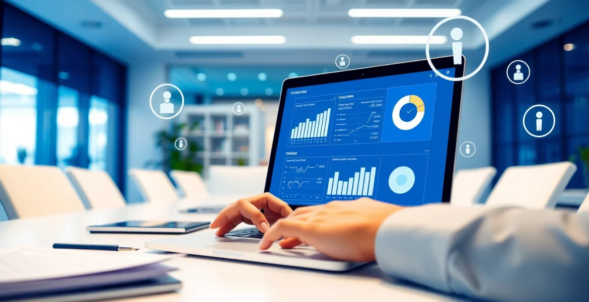 Online contact data verification in a modern office setting with a professional analyzing data.