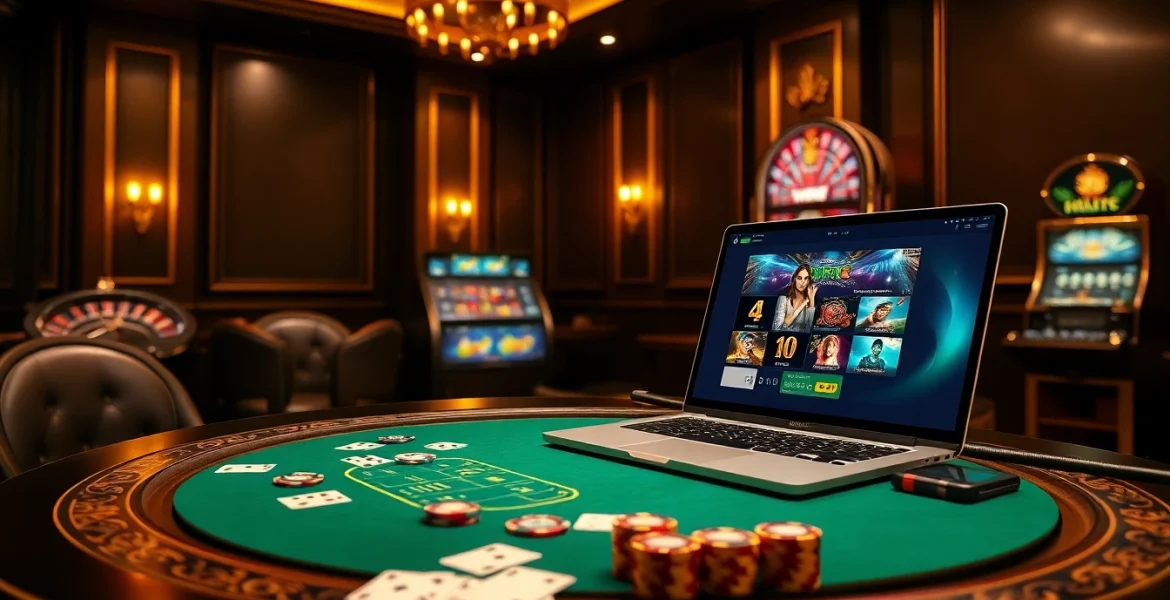 Engage in high-stakes gambling at https://789fcom.asia/ with a stunning casino setup featuring poker tables and slot machines.